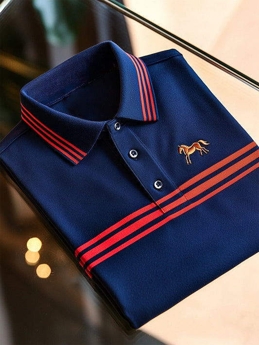 Men's Casual Business Stripe Print Button-Down Short Sleeve Polo Shirt