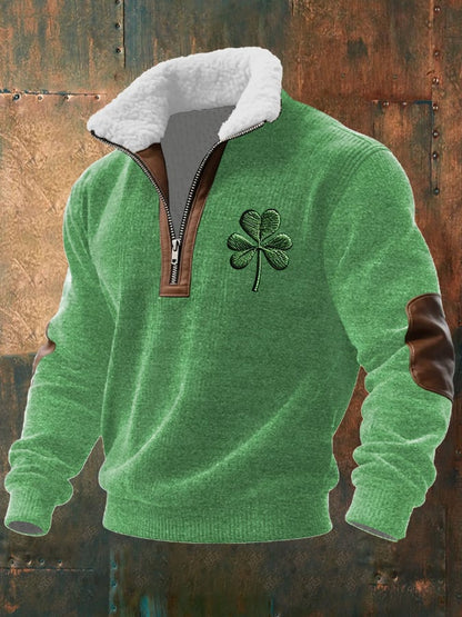 Men's Vintage St. Patrick's Day Print Long-Sleeved Sweatshirt With Fur Collar