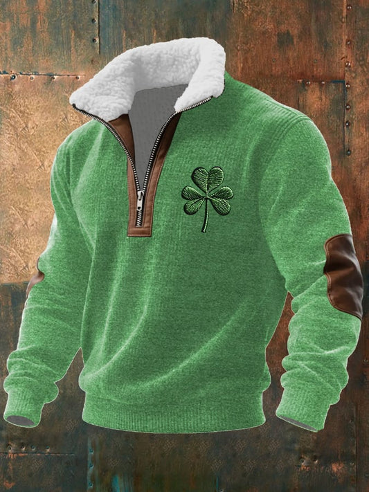 Men's Vintage St. Patrick's Day Print Long-Sleeved Sweatshirt With Fur Collar