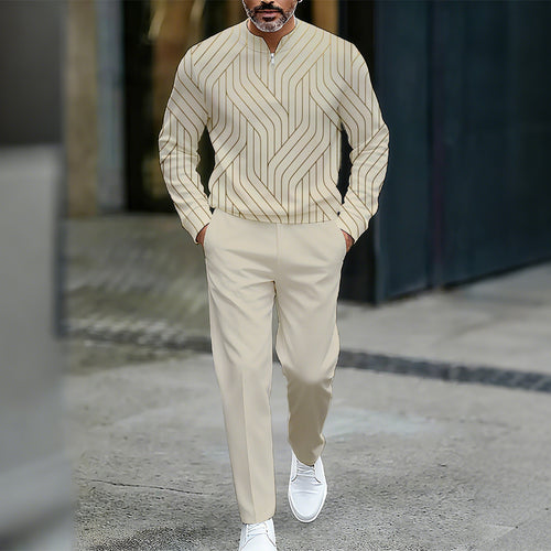 Men's Casual Color Matching Printed Round-Neck Zipper Long Sleeved Trousers Two-Piece Set