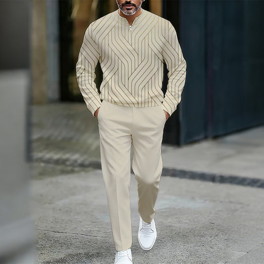 Men's Casual Color Matching Printed Round-Neck Zipper Long Sleeved Trousers Two-Piece Set