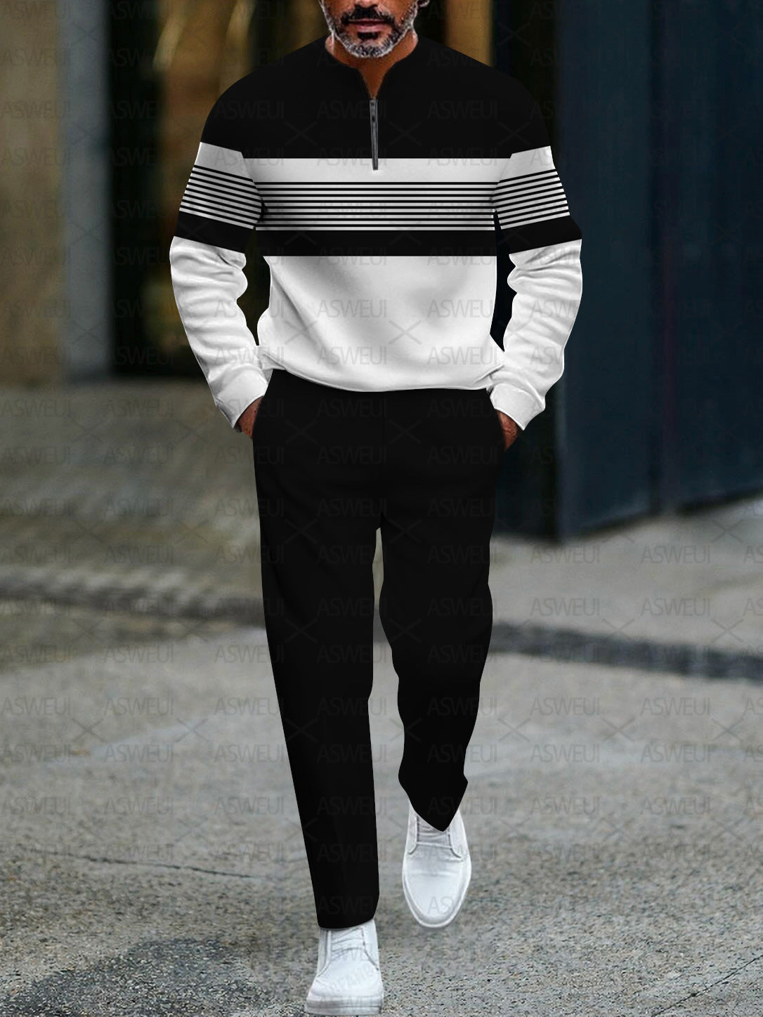 Men's fashion casual geometric print long sleeve zipper two-piece set