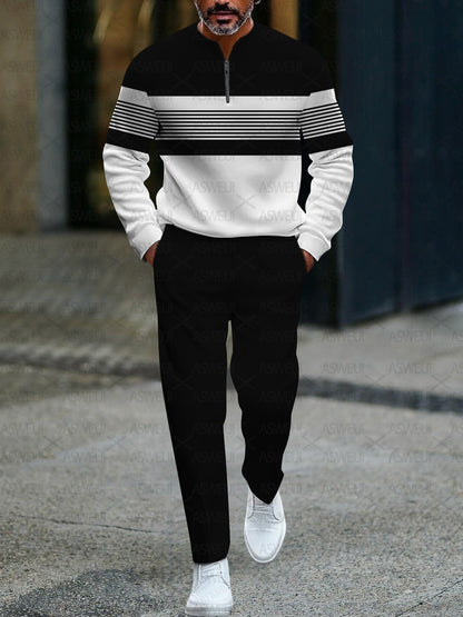Men's fashion casual geometric print long sleeve zipper two-piece set