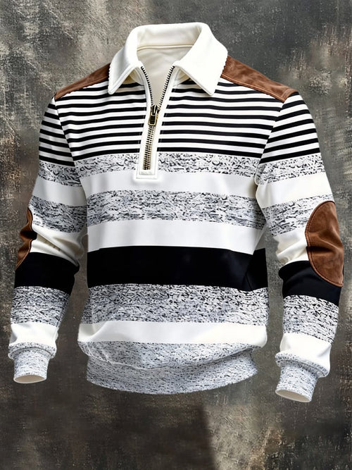 Men's Retro Color Block Print Zipper Sweatshirt