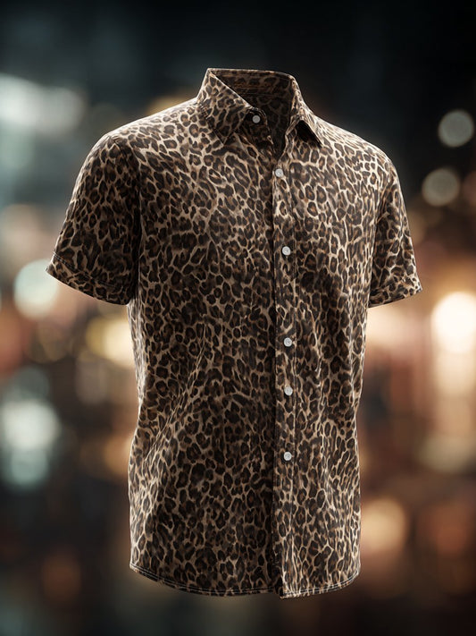Men's Business Casual Leopard Print Lapel Short-Sleeved Shirt