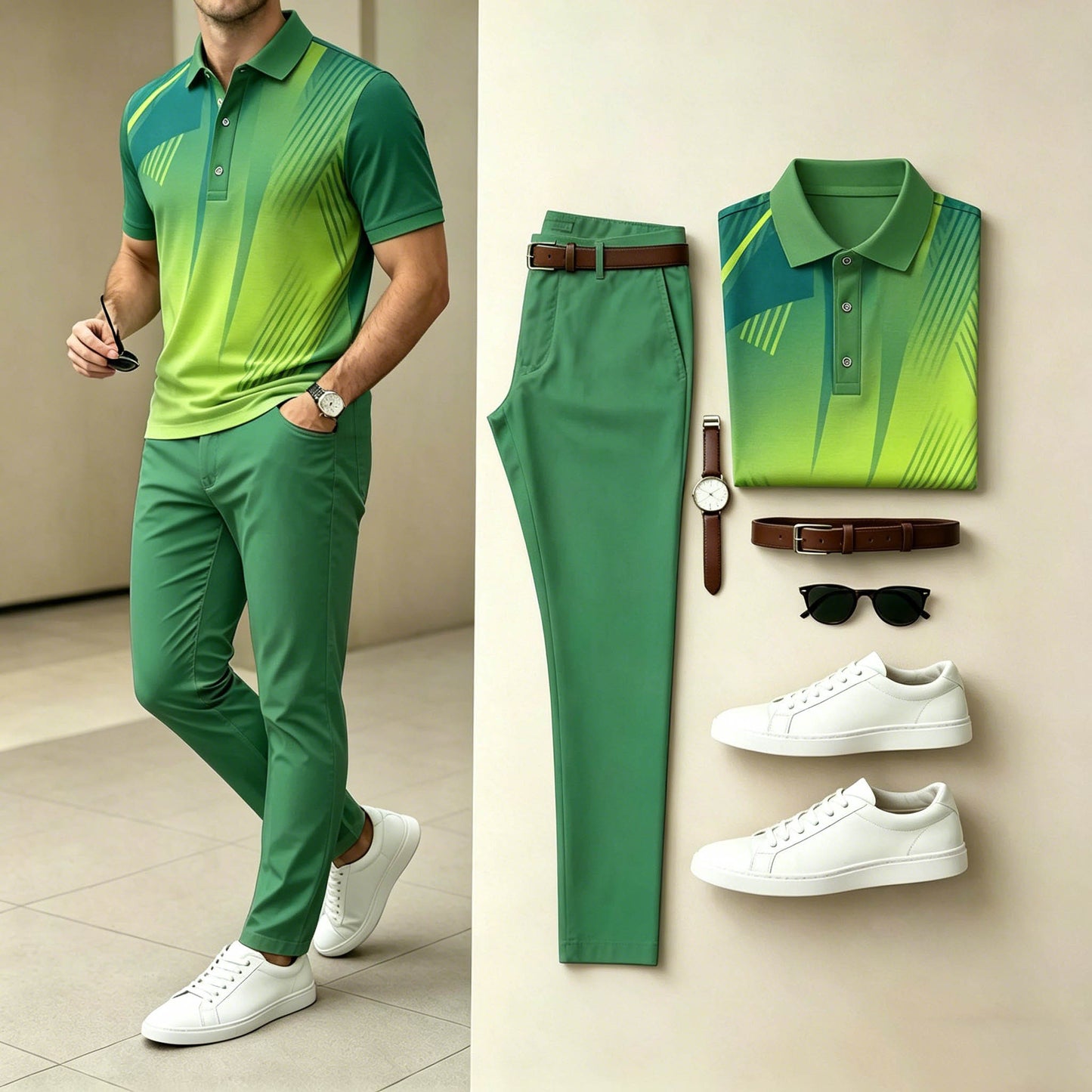 Men's Casual Green Gradient Line Printed Polo Shirt & Pants Two-Piece Set