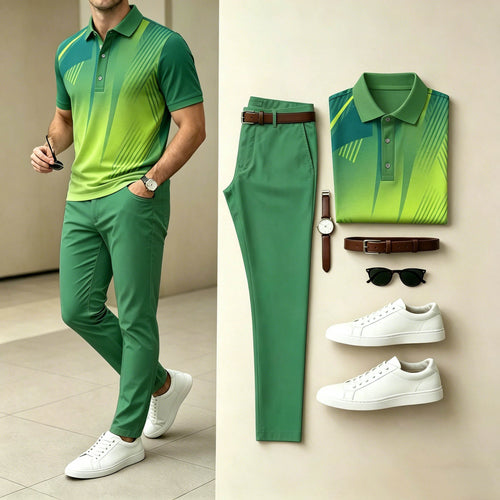 Men's Casual Green Gradient Line Printed Polo Shirt & Pants Two-Piece Set