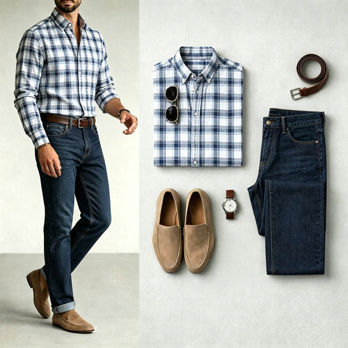 Men's Navy Blue & White Color Matching Retro Style Plaid Printed Lapel Collar Long Sleeves Shirt & Jeans Two-Piece Set