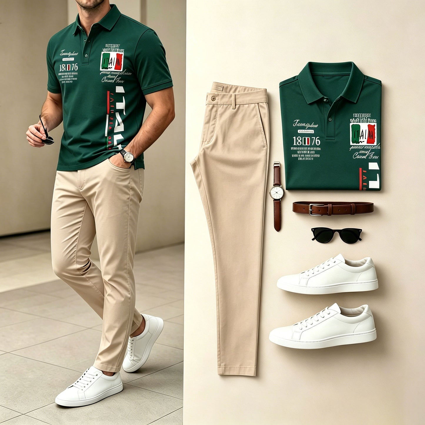 Men's Dark Green & Khaki Color Matching Printed Short Sleeves Polo Shirt & Pants Two-Piece Set