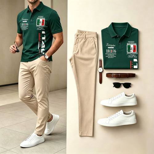 Men's Dark Green & Khaki Color Matching Printed Short Sleeves Polo Shirt & Pants Two-Piece Set