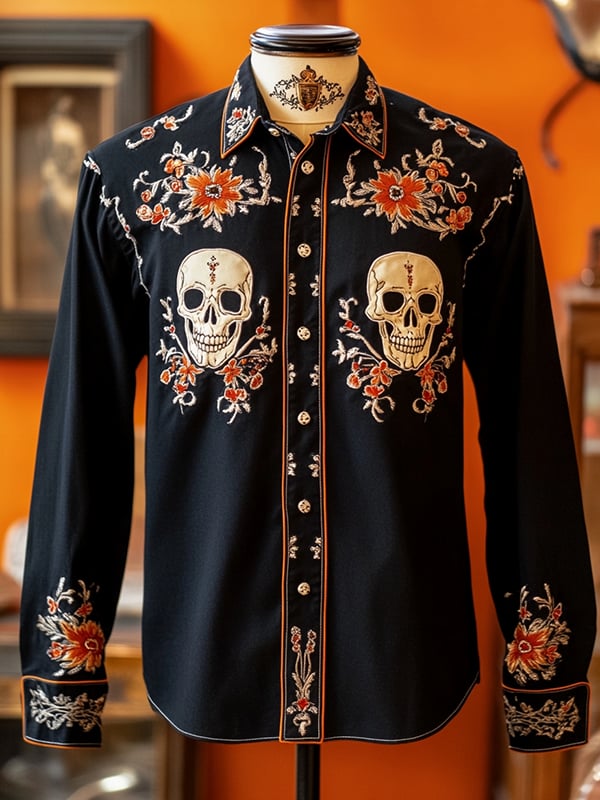 Men's Retro Casual Skull Print Long Sleeve Shirt