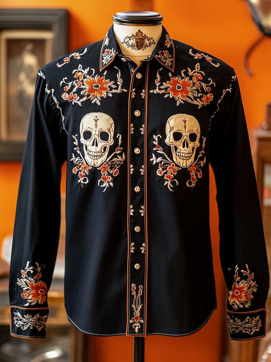 Men's Retro Casual Skull Print Long Sleeve Shirt