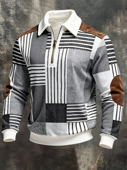 Men's Retro Color Block Print Zipper Sweatshirt