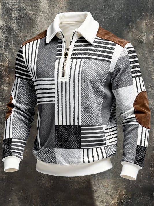 Men's Retro Color Block Print Zipper Sweatshirt