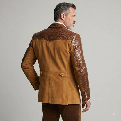 Men's Brown Suede Patchwork PU Leather Peak Lapel Single Pockets Breasted Slim Fit Blazer