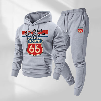 Men's Route 66 Retro Patterned Hoodie And Drawstring Track Pants Set, Men's Casual Athletic Long-Sleeved Hooded Jacket And Pants, Suitable For Fall And Winter, Street Style Hoodie Set, Men's Everyday Wear, Indoor And Outdoor Sportswear,