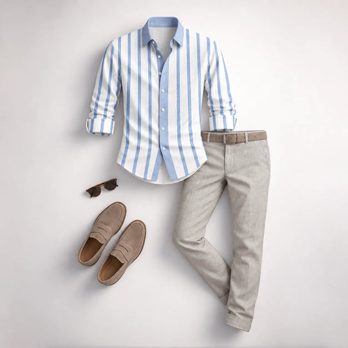 Men's Striped Long-Sleeve Shirt and Pants Set