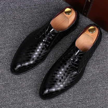 Men's Business Casual Pointed Toe Patchwork Plaid Faux Leather Shoes