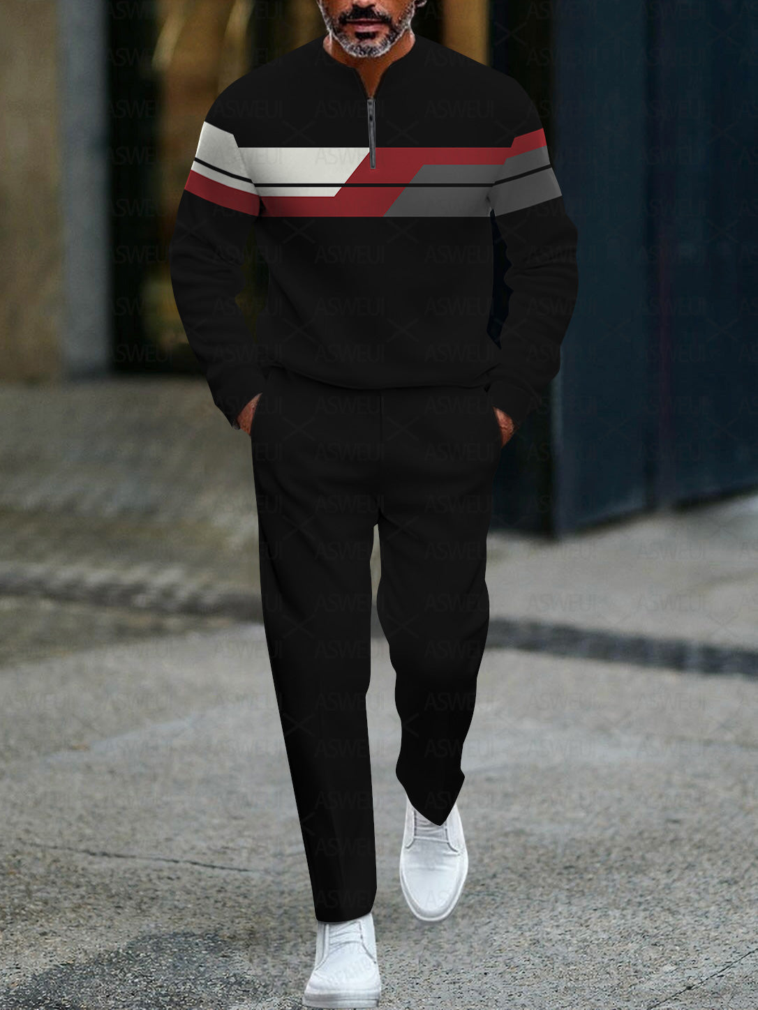 Men's fashion casual geometric print long sleeve zipper two-piece set
