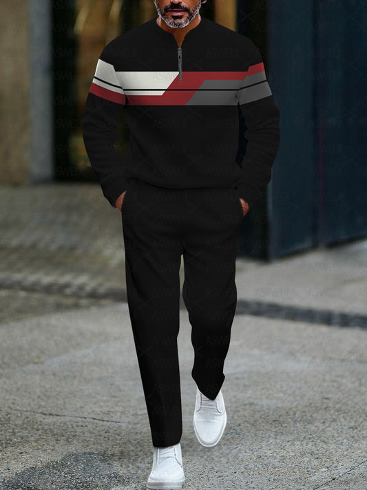Men's fashion casual geometric print long sleeve zipper two-piece set