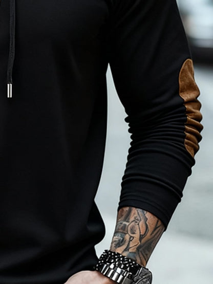 Men's Vintage Suede Patchwork T-Shirt with Tie-Neck Detail