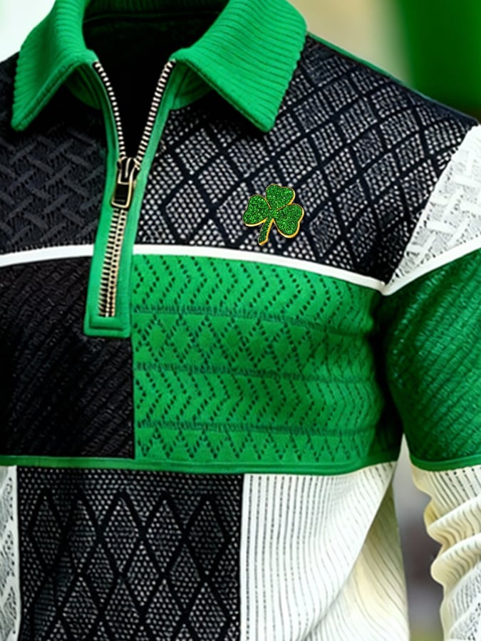 (Detachable Shamrock Brooch Included) Men's St. Patrick's Day Printed Color-Block Zip-Up Hoodie