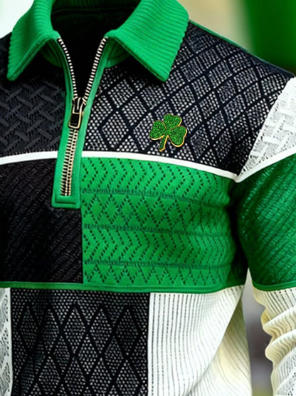 (Detachable Shamrock Brooch Included) Men's St. Patrick's Day Printed Color-Block Zip-Up Hoodie