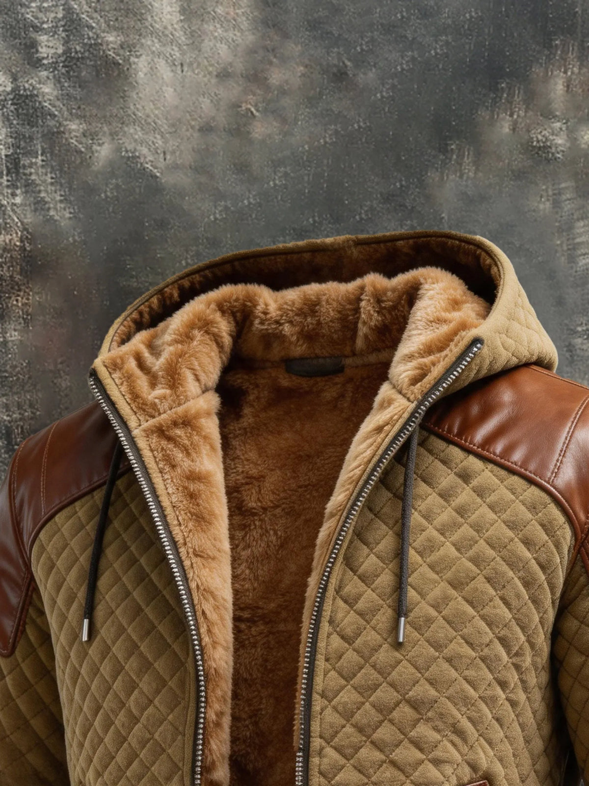 Men's Vintage Faux Leather-Paneled Fleece-Lined Hooded Jacket