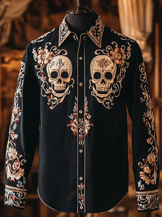 Men's Outdoor Vintage Skull and Floral Print Long Sleeve Shirt