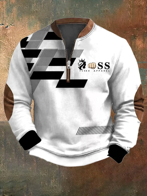 Men's Retro Letter Design Printed Casual Zipper Collar Long-Sleeved Sweatshirt