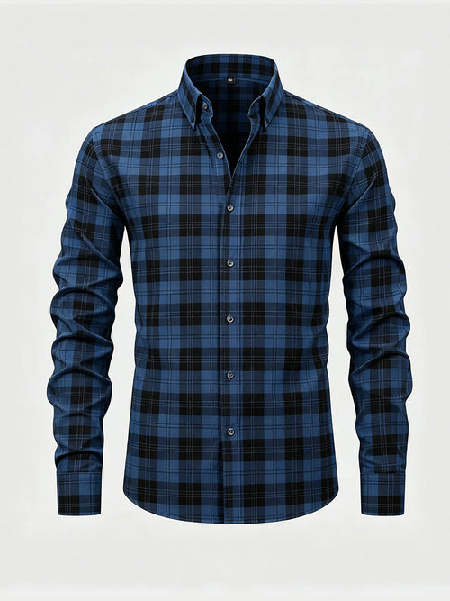 Men's Navy Checkered Printed Long Sleeve Shirt