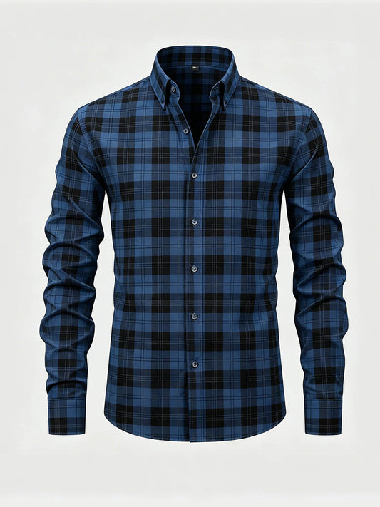 Men's Navy Checkered Printed Long Sleeve Shirt