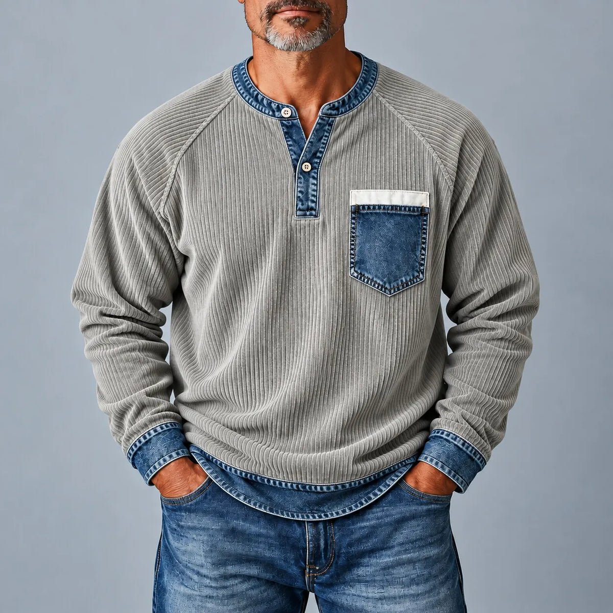 Men's Black Contrast Trim Patch Pocket Long Sleeve Pullover Corduroy Henley Shirt