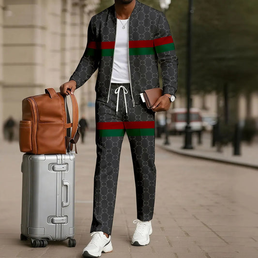 Men's Two-Piece Set: Color-Blocked Printed Zip-Up Cardigan and Pants
