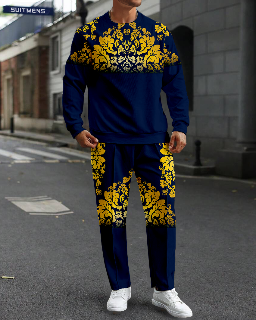 Men's Dark Blue Round Neck Casual Sports Set 071