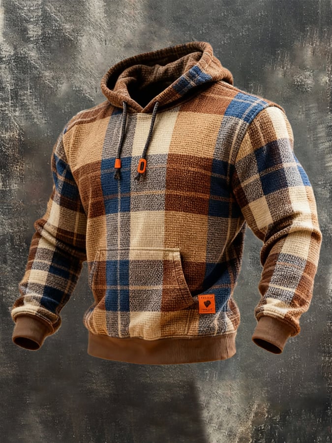 Men's Retro Plaid Contrast Color Hooded Sweatshirt