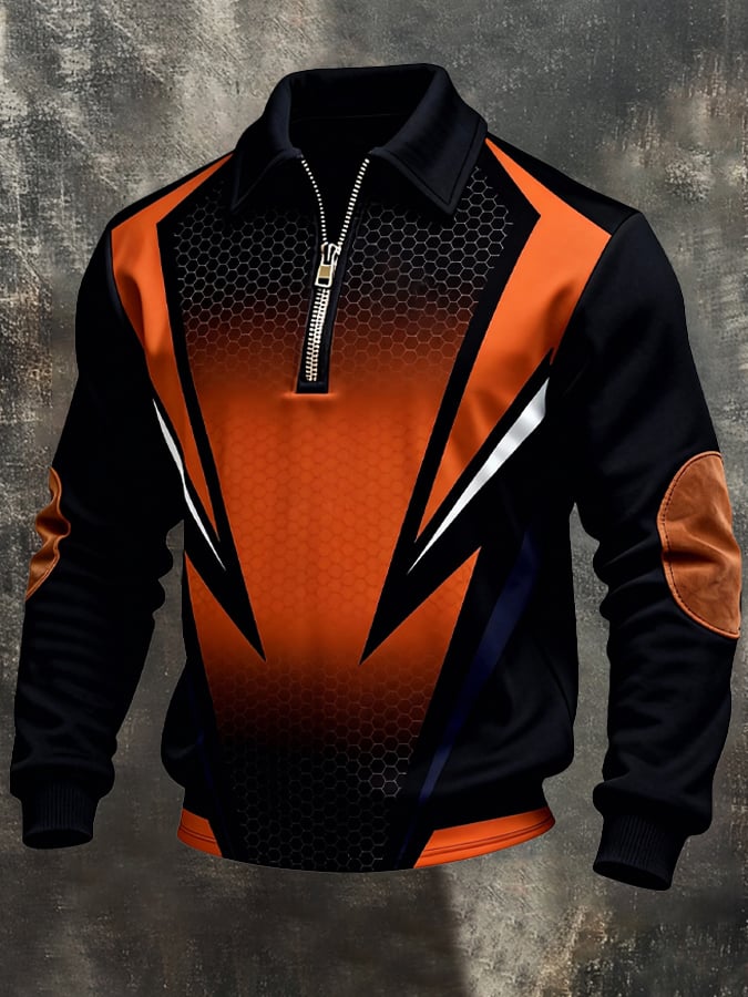 Men's Retro Color Block Print Zipper Sweatshirt