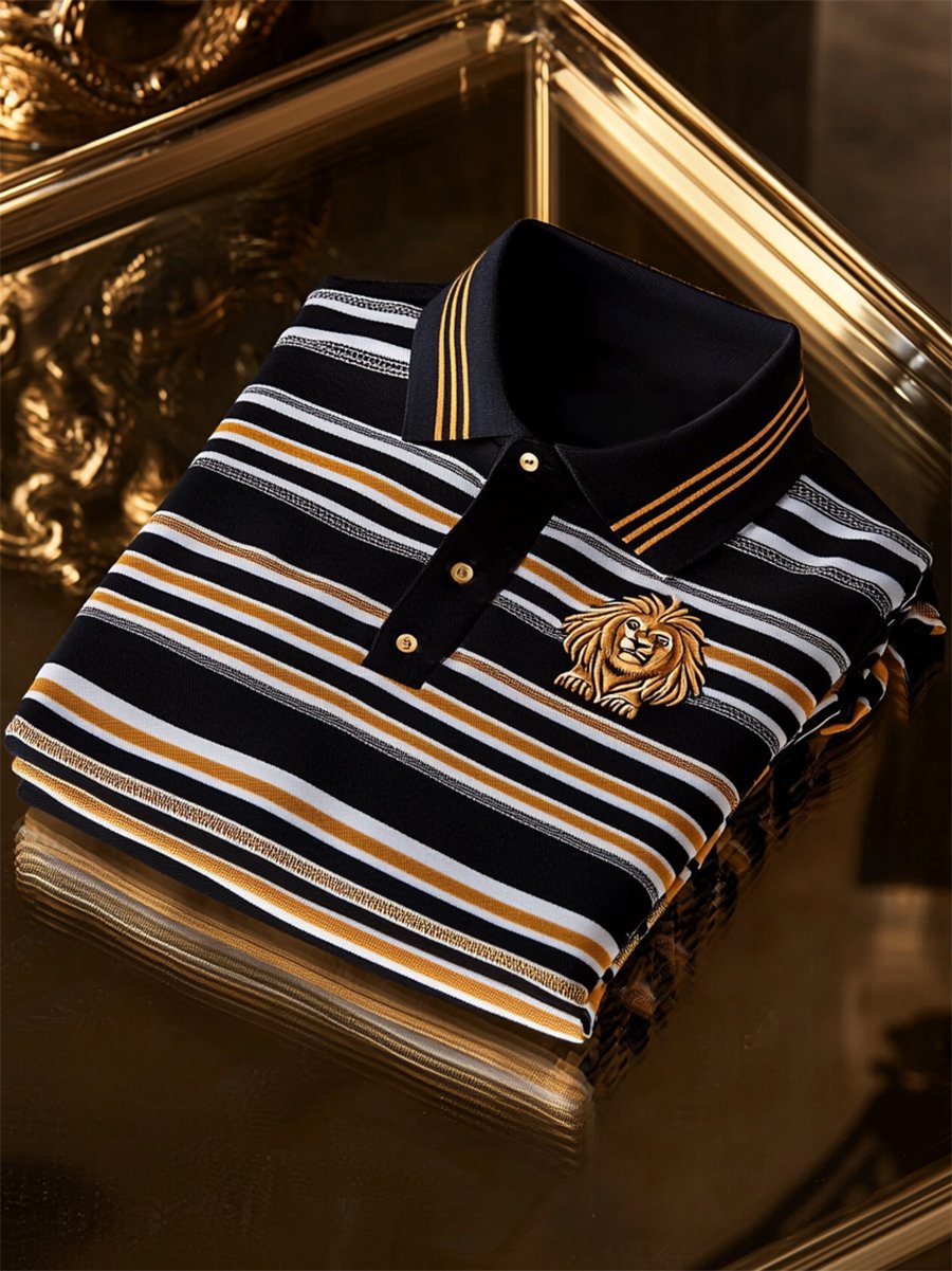 Men's Business Casual Striped Button Short Sleeve Polo Shirt