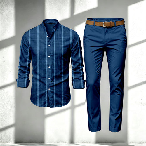 Men's Striped Print Stand-Collar Long-Sleeve Shirt and Pants Set