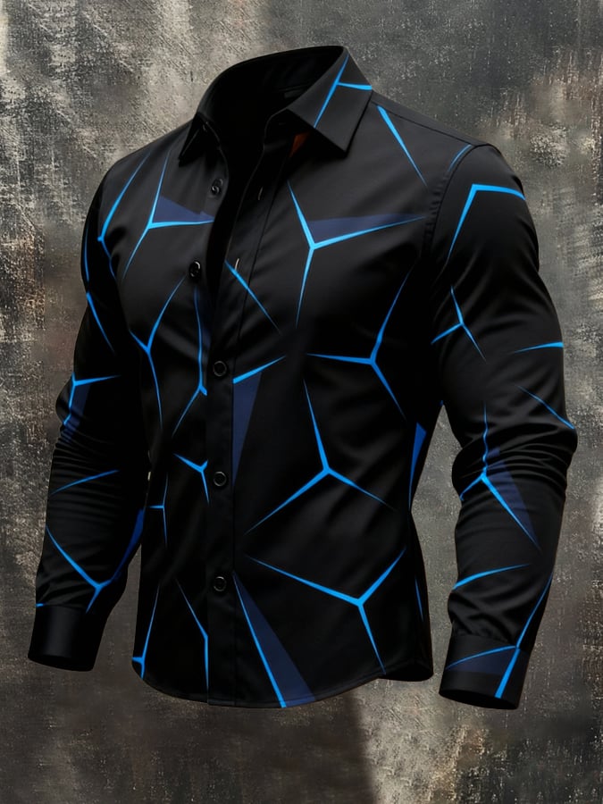 Men'S Vintage Color-Block Printed Long-Sleeved Shirt