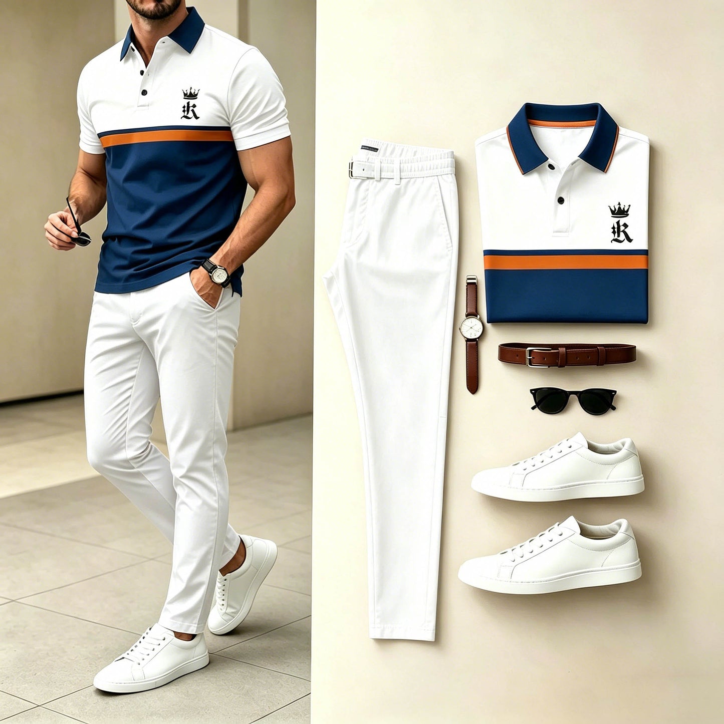 Men's Casual White Navy Color Block Logo Printed Polo Shirt & White Pants Two-Piece Set