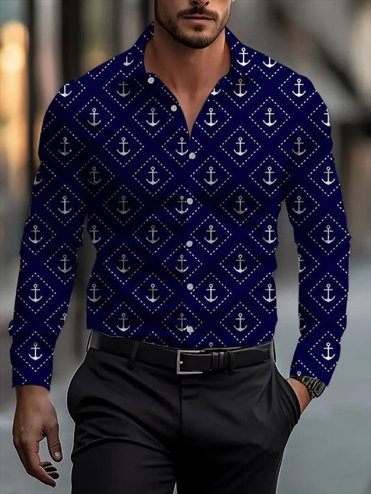 Men's Classic Business Plaid Stripe Print Long Sleeve Shirt