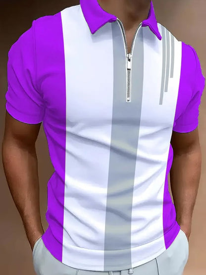 Men's Casual Color Block Zip-Up Polo Shirt