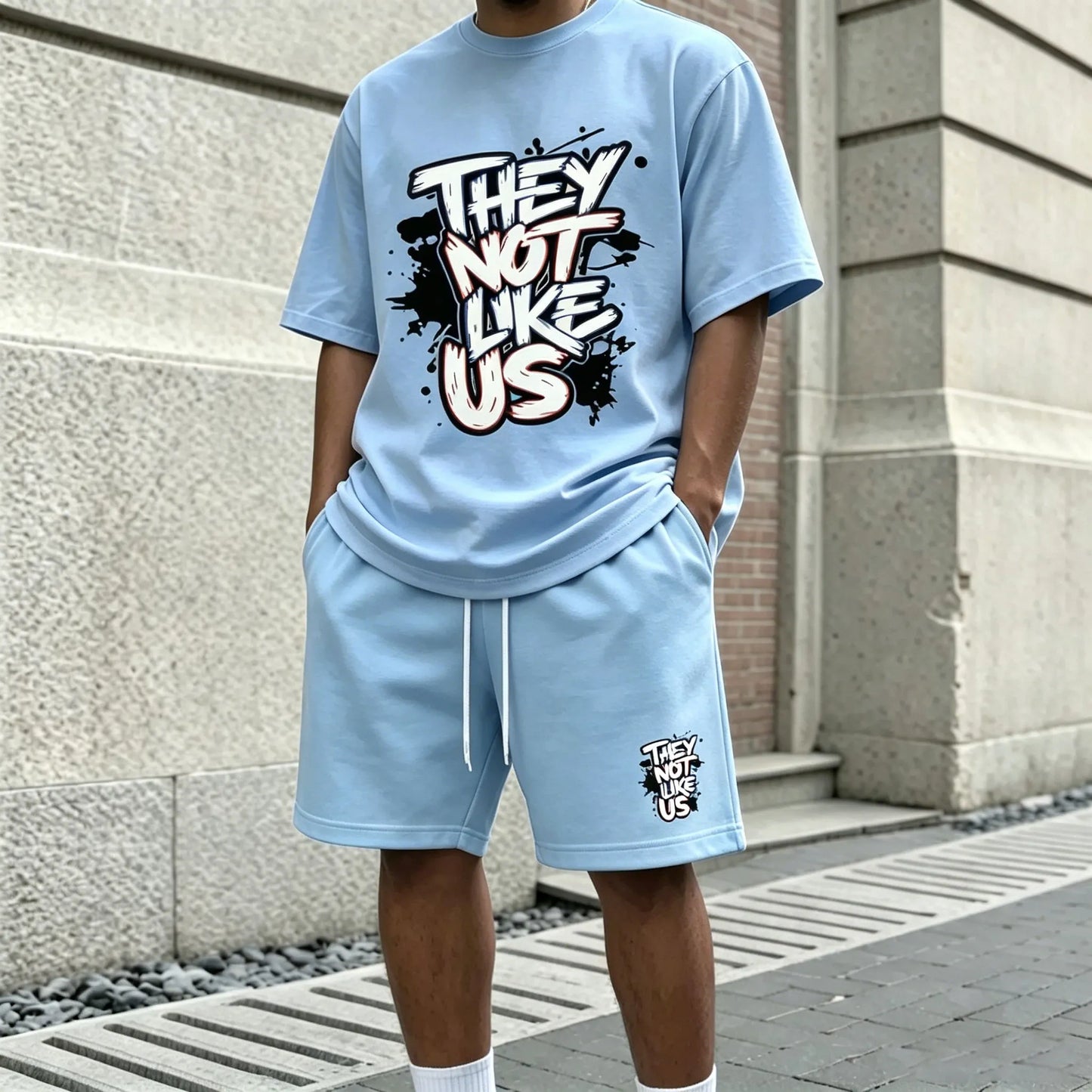 Men's Letter-Print Round-Neck Short-Sleeve T-Shirt and Shorts Set