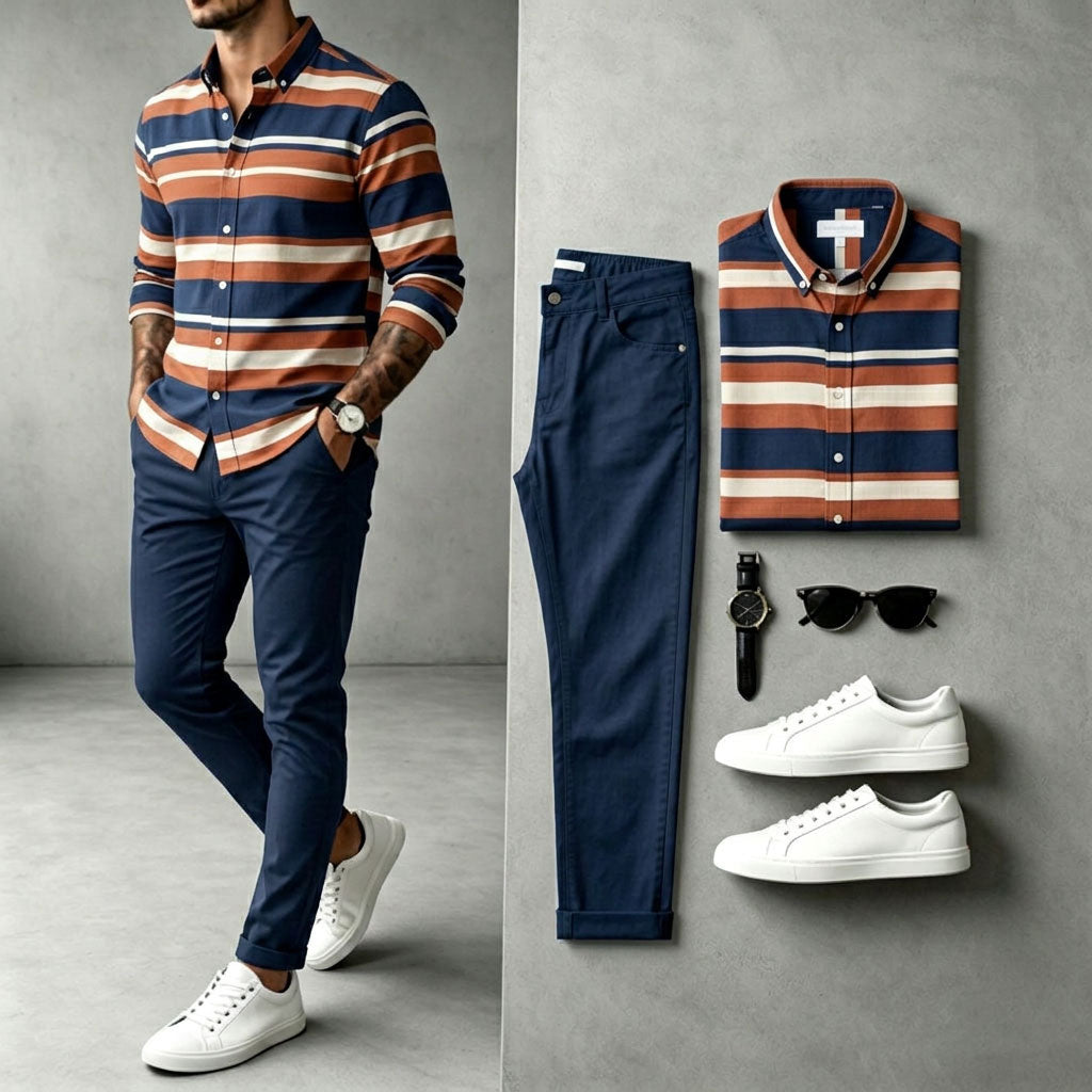 Men's Striped Long-Sleeve Shirt and Pants Set