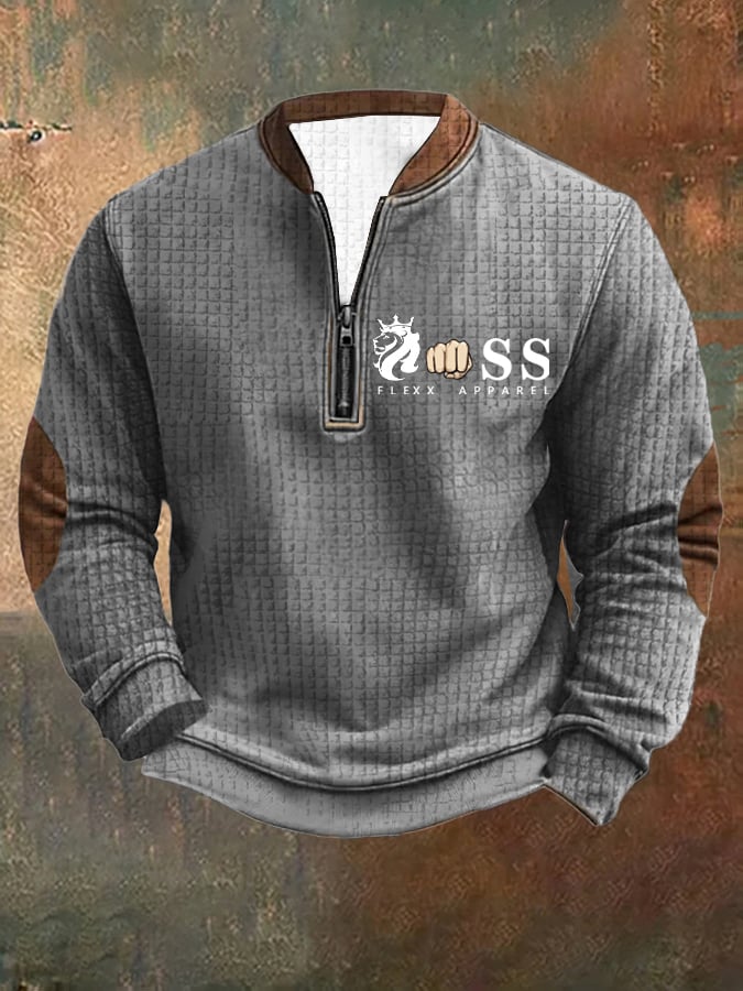 Men's Retro Letter Design Printed Zipper Collar Square Jacquard Sweatshirt
