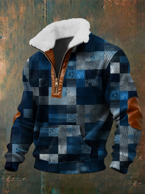 Men's Retro Abstract Art Print Zippered Fur Collar Pocket Patchwork Long-Sleeved Sweatshirt