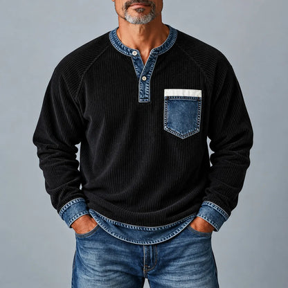 Men's Black Contrast Trim Patch Pocket Long Sleeve Pullover Corduroy Henley Shirt