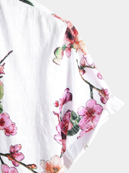Men's Flower Print Cotton Floral Hawaiian Button Up Short Sleeve Shirt