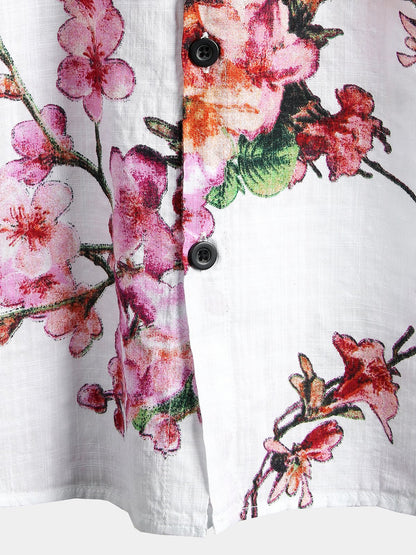 Men's Flower Print Cotton Floral Hawaiian Button Up Short Sleeve Shirt